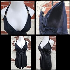 New 18W SEARS black jeweled halter swim dress skirt padding swimsuit D / DD cup